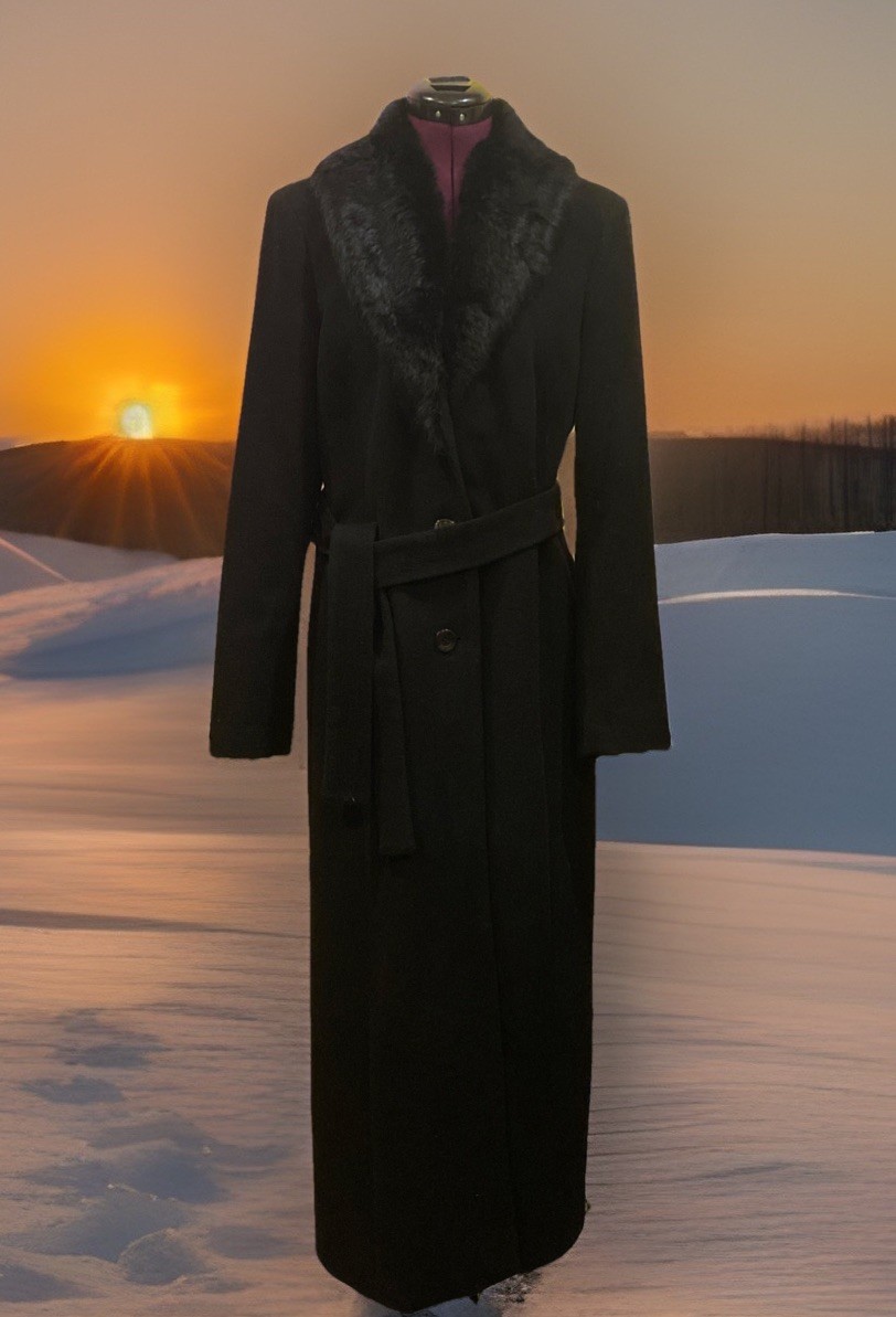 Casual Corner Womens Black Wool Cashmere Blend Rabbit Fur Collar Long Coat Small