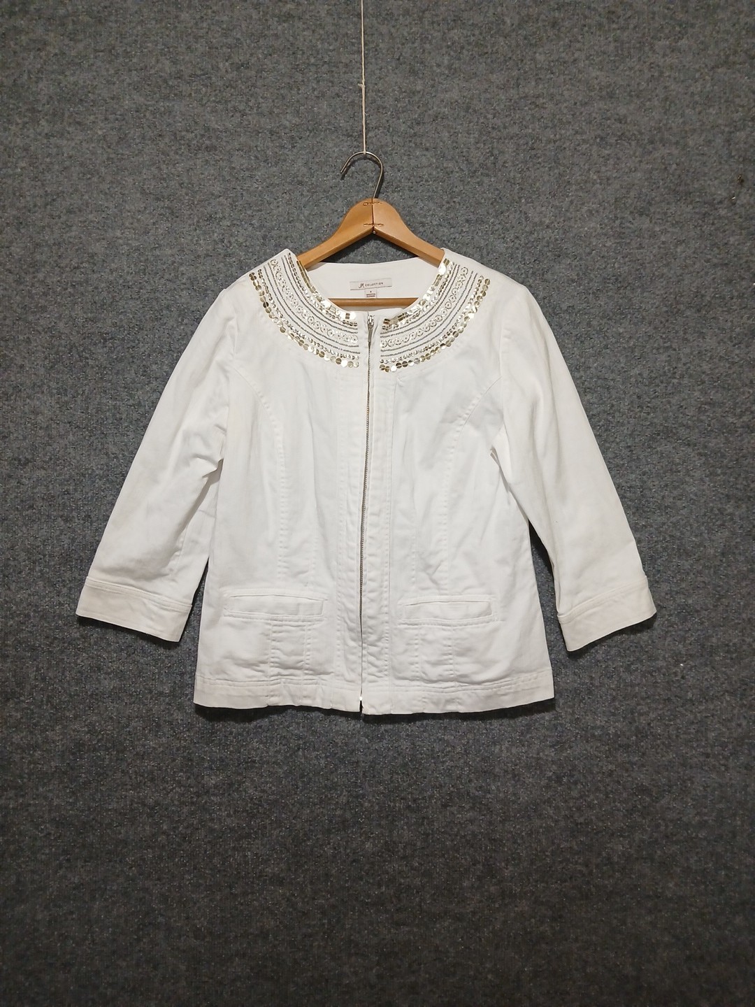 JM Collection Women White Jacket Sz 8 Long Sleeve Stretch lightweight Bling Zip