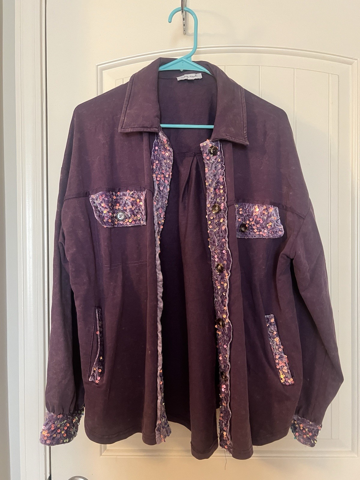 White Birch Sequin Trim Mineral Wash Shacket Womens Size S Purple