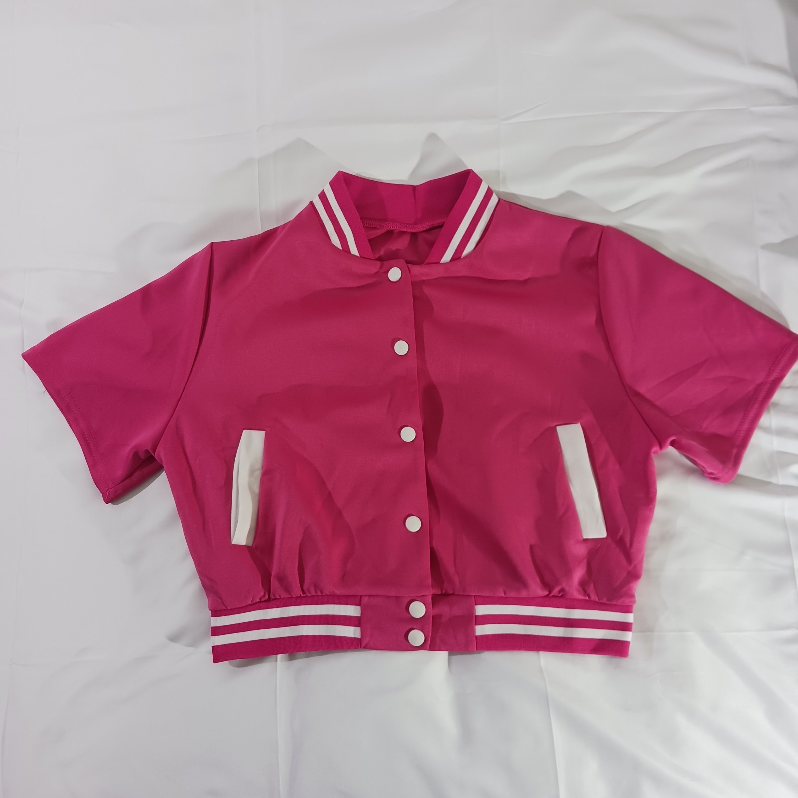 Varsity Jacket Womens Small Pink Cropped Short Sleeve Snap Front Athletic Style