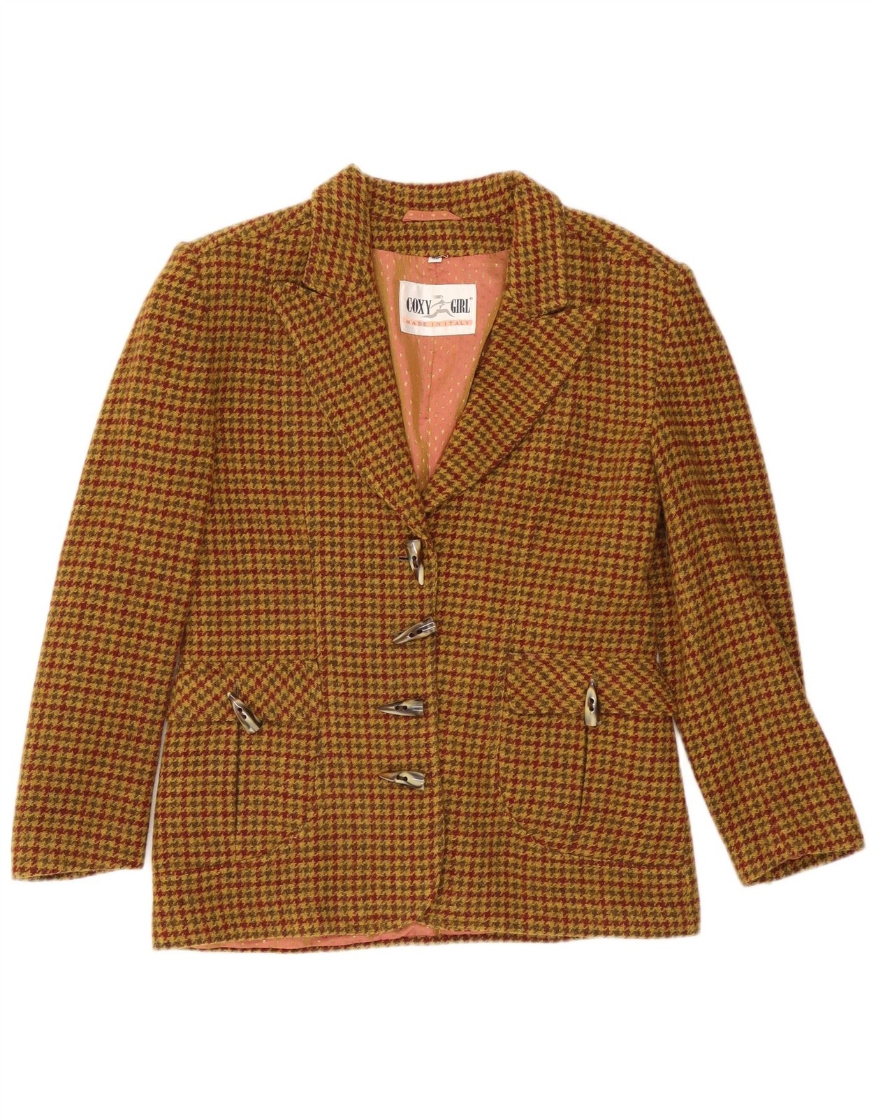 Vintage Womens 4 Button Blazer Jacket IT 46 Large Brown Houndstooth Wool FA48