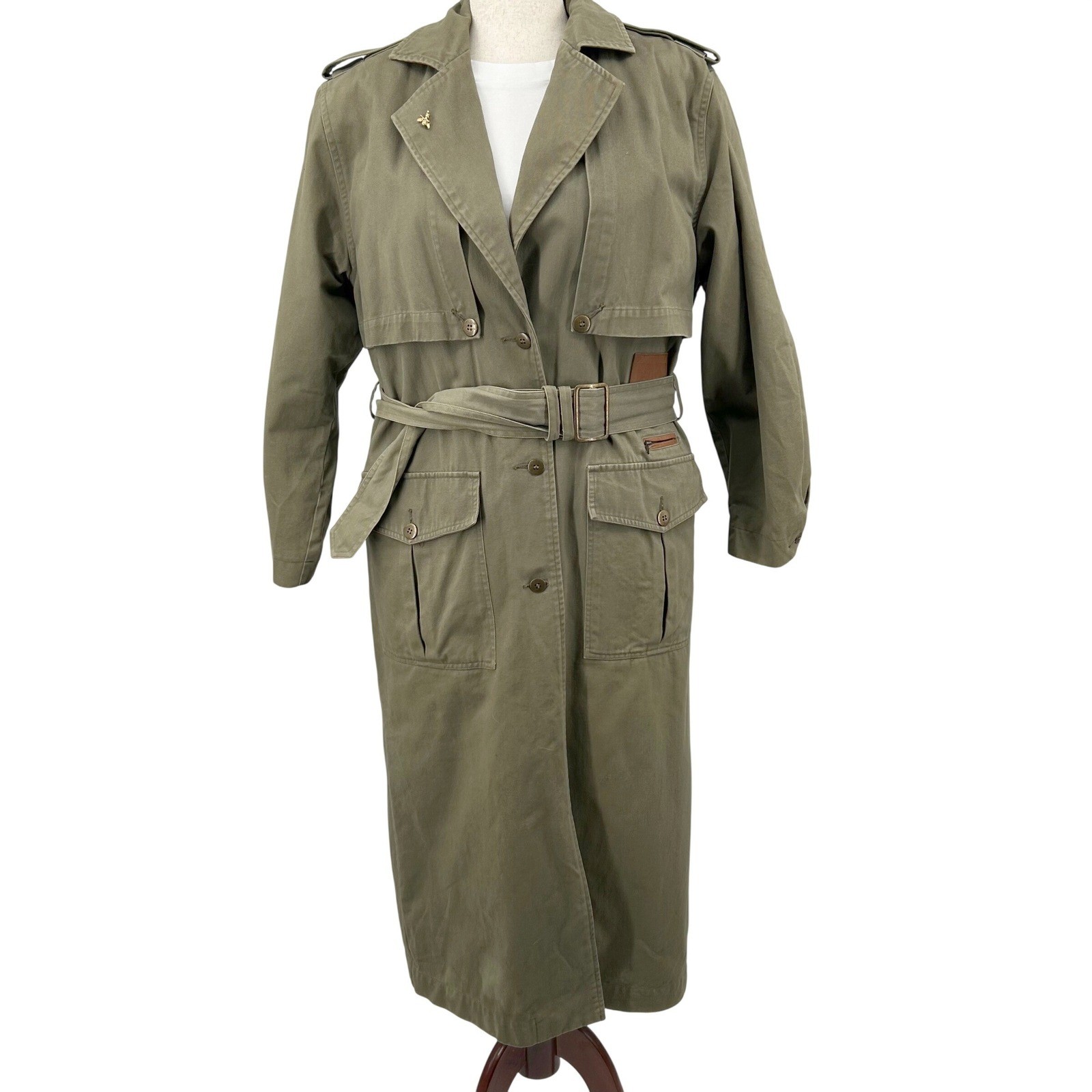 Vintage 80s Olive Belted Trench Coat Utility Heritage Style M Leather Accent 8