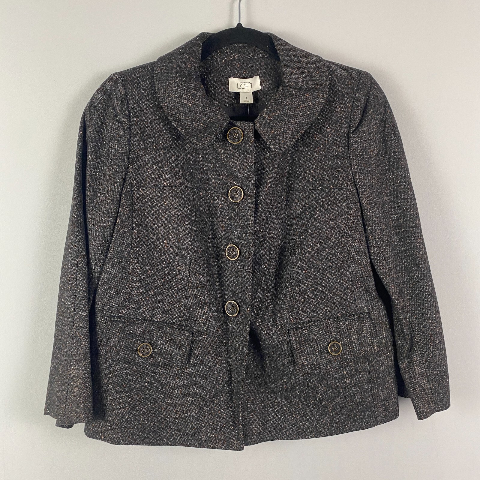 Ann Taylor Wool Blend Jacket Size 4 Gray Speckled Tweed Four-Button Pockets