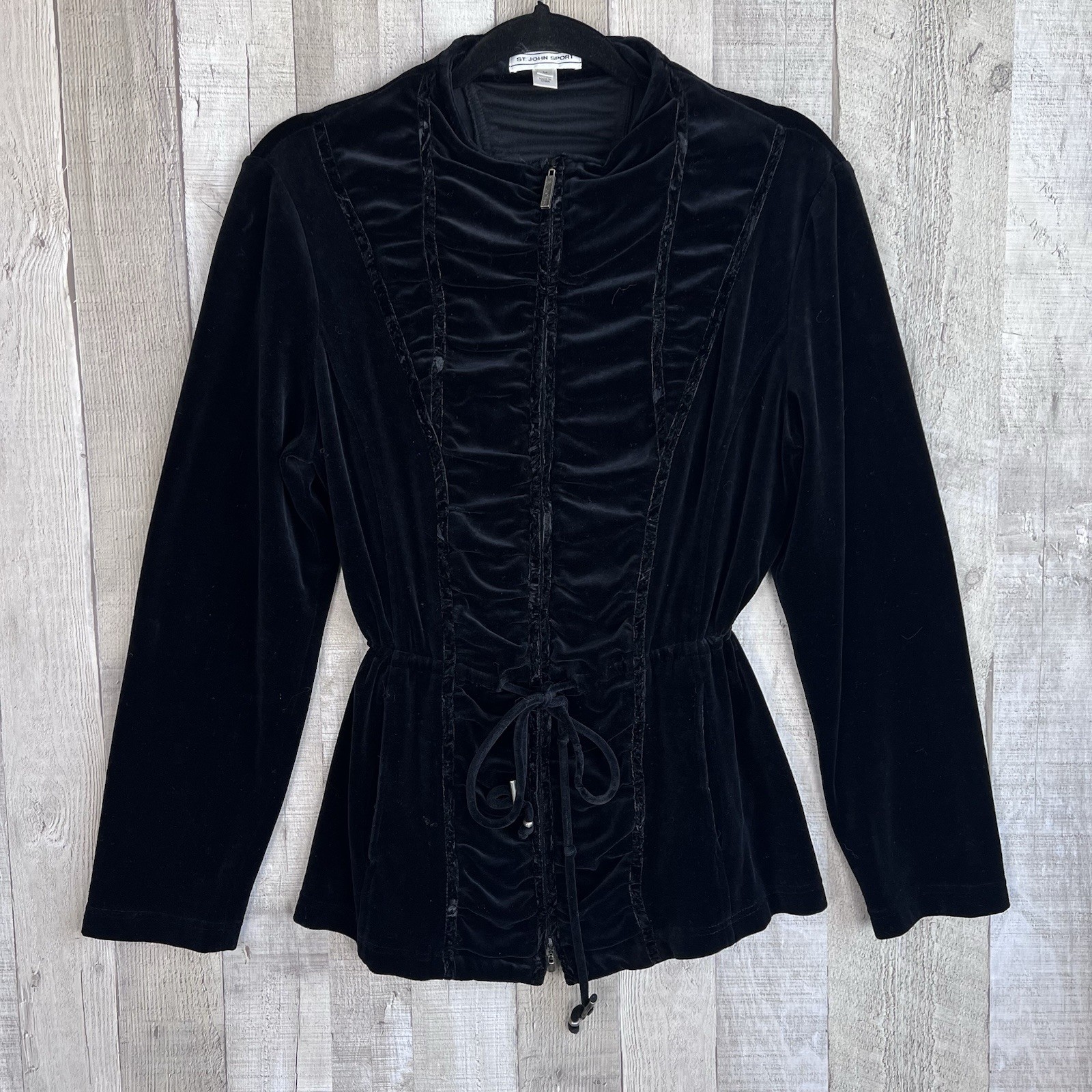 St. John Sport Black Velvet Ruched Zip-Front Jacket Women Medium Luxury Casual