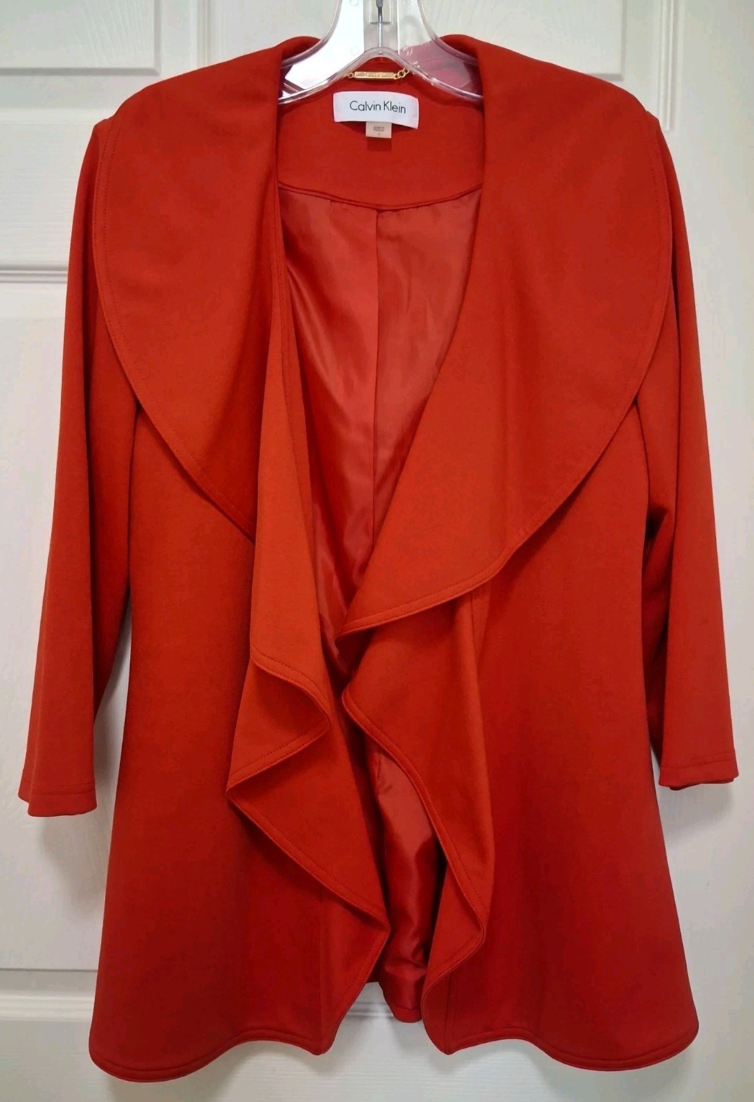 Calvin Klein Red Ruffle Blazer Open Front Jacket Draped Cascade Slacks Suit 6