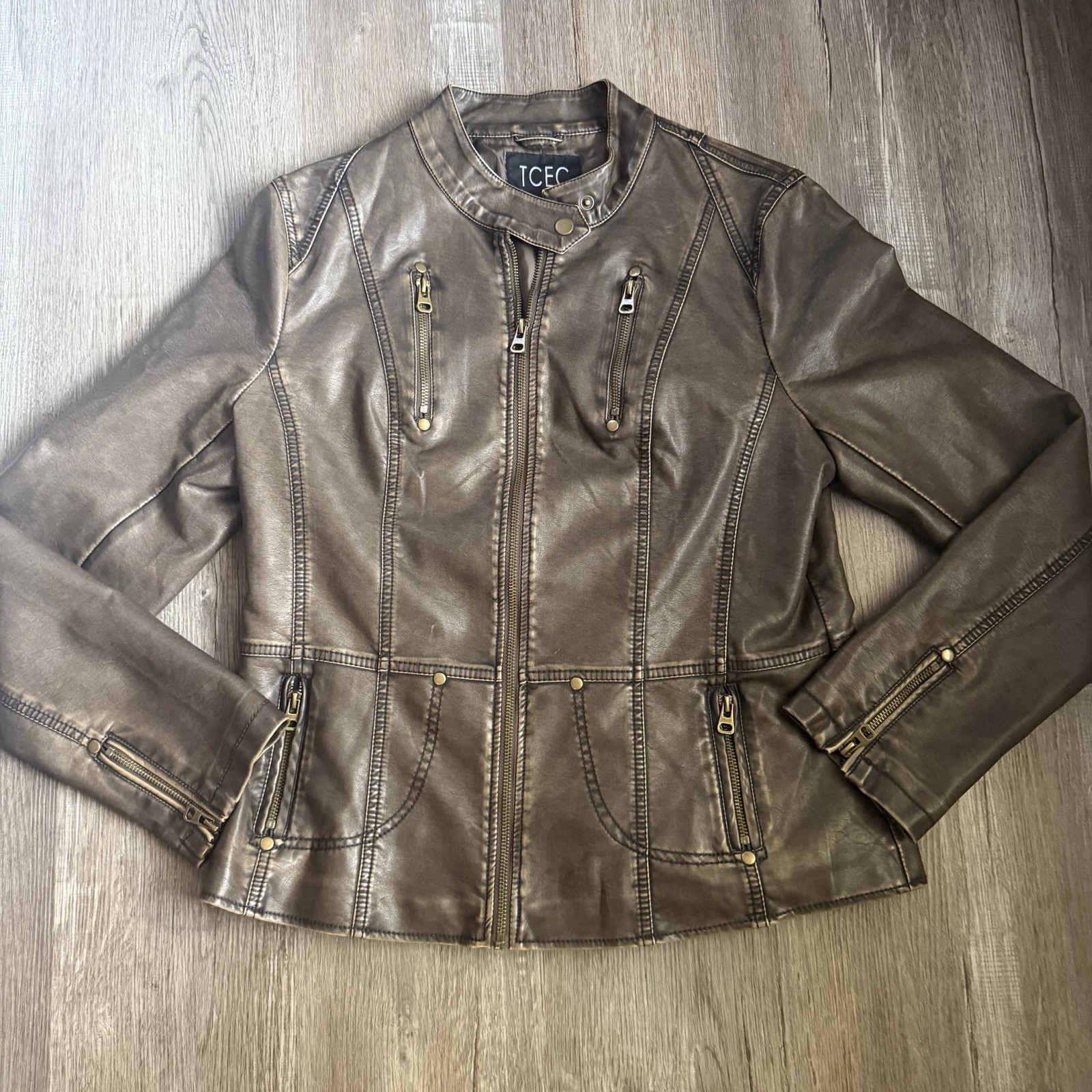 TCEC Women’s Brown Faux Leather Biker Jacket Zip-Up Stand Collar size large