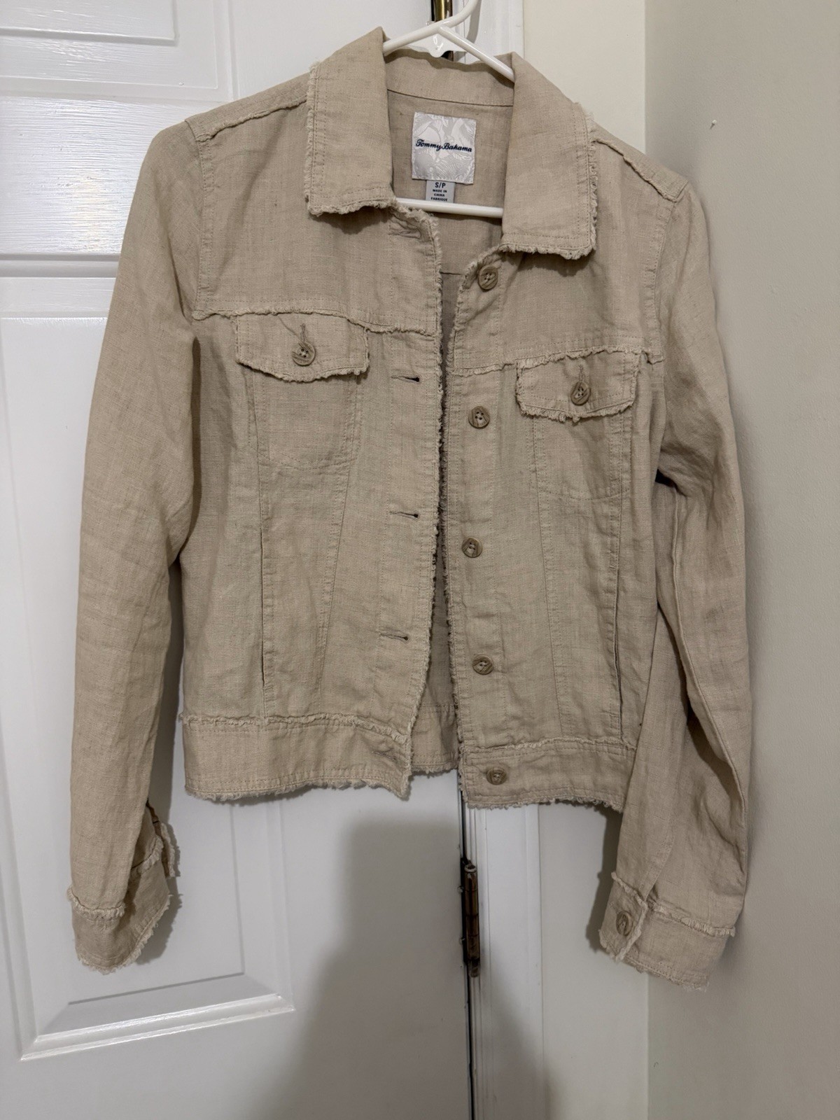Tommy Bahama Womens Size S Two Palms Linen Raw-Edge Jacket Button-Up Tan