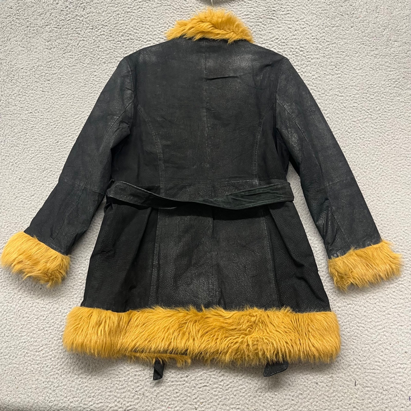 Y2K Penny Lane Style Coat Womens XL Black Suede Leather Faux Fur Trim Belted