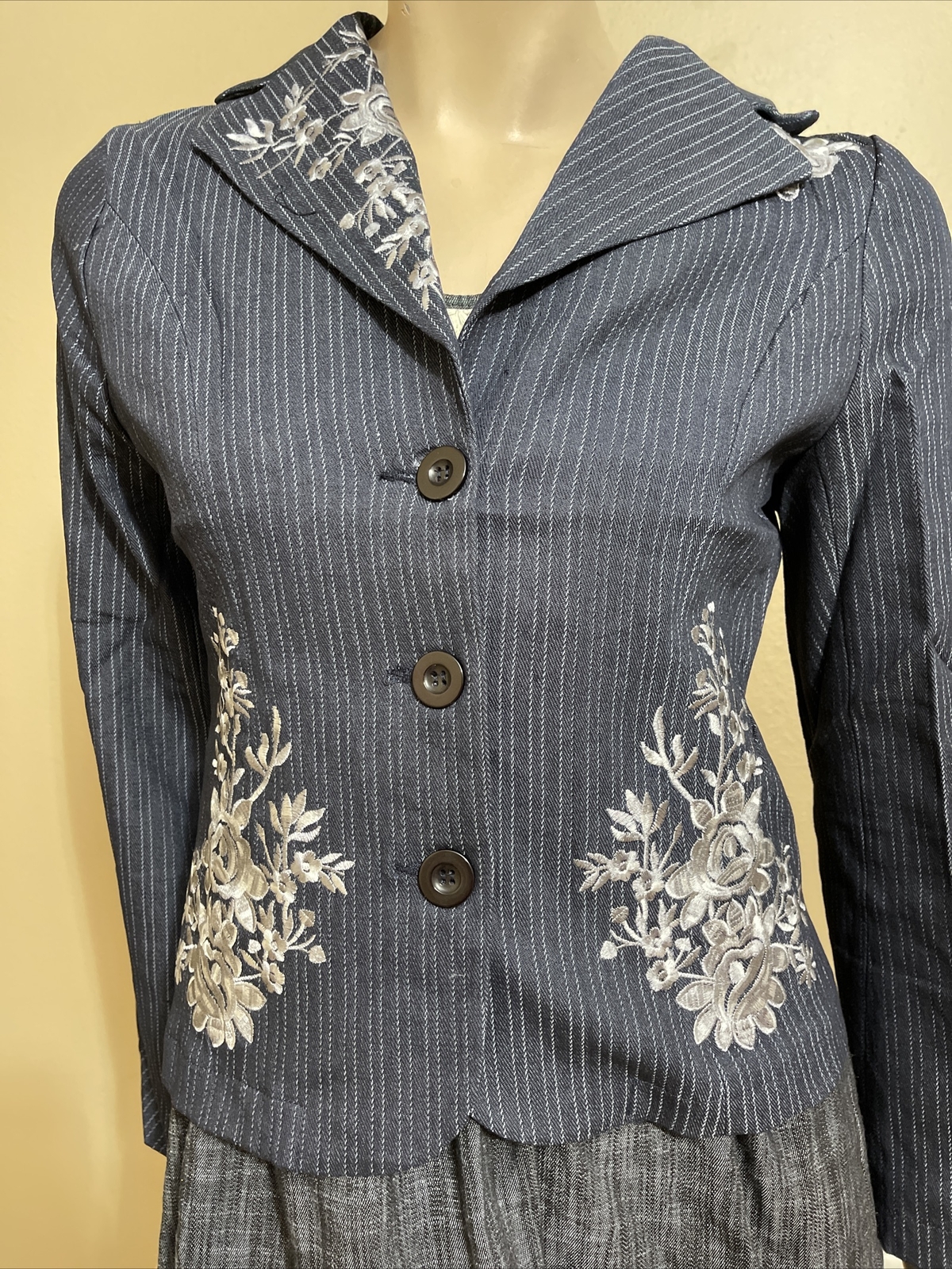 Women’s Grey Striped Cotton Casual Classic Collar Embroidered Size L Jacket Top