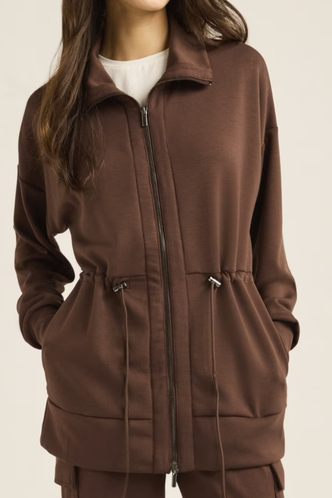 Scoop Womens Jacket Size S Chicory Coffee Scuba Knit Long-line Drawstring Zip