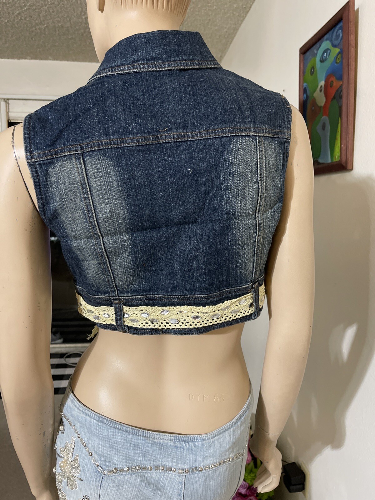 Women’s Blue Denim Cotton Casual Stretch Slim Beaded Lace Button Up Size M Vest
