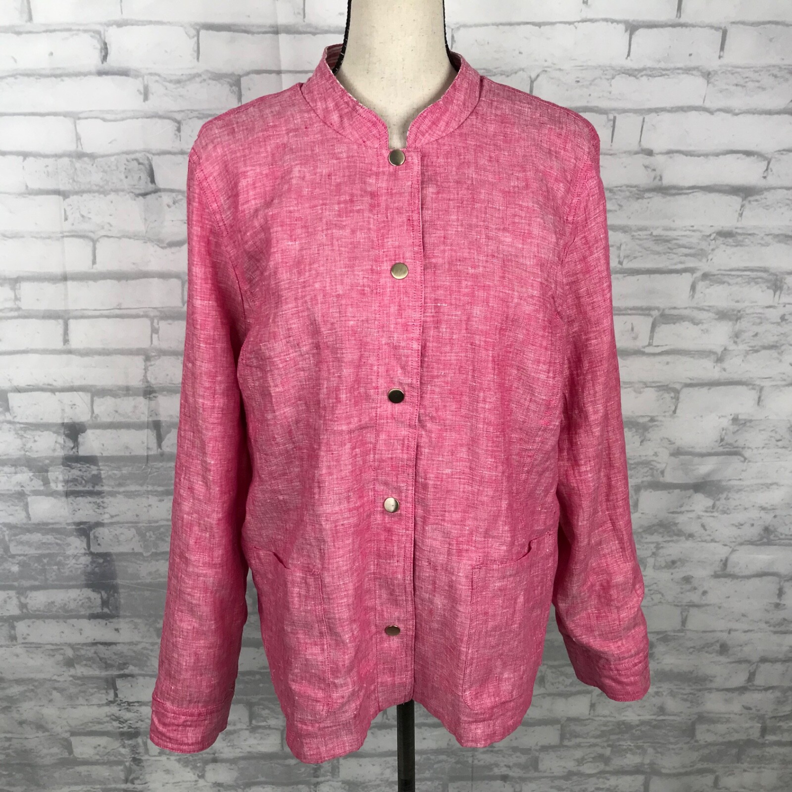 CHICOS 3 Reversible Jacket XL Pink Stripe Oxford Linen Cotton Snap Pockets