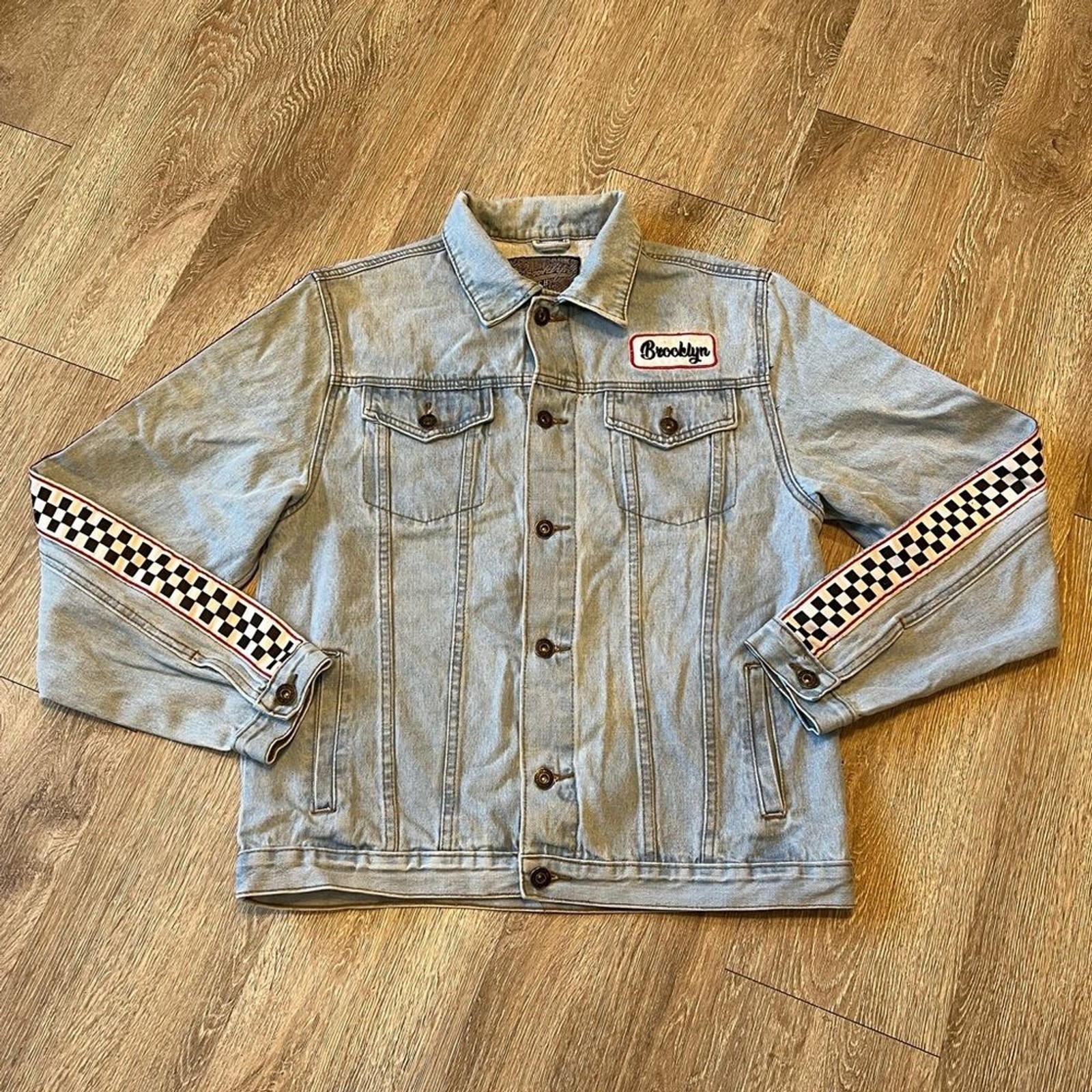 Brooklyn Cloth Light Blue Jean Jacket with Checkered Sleeves