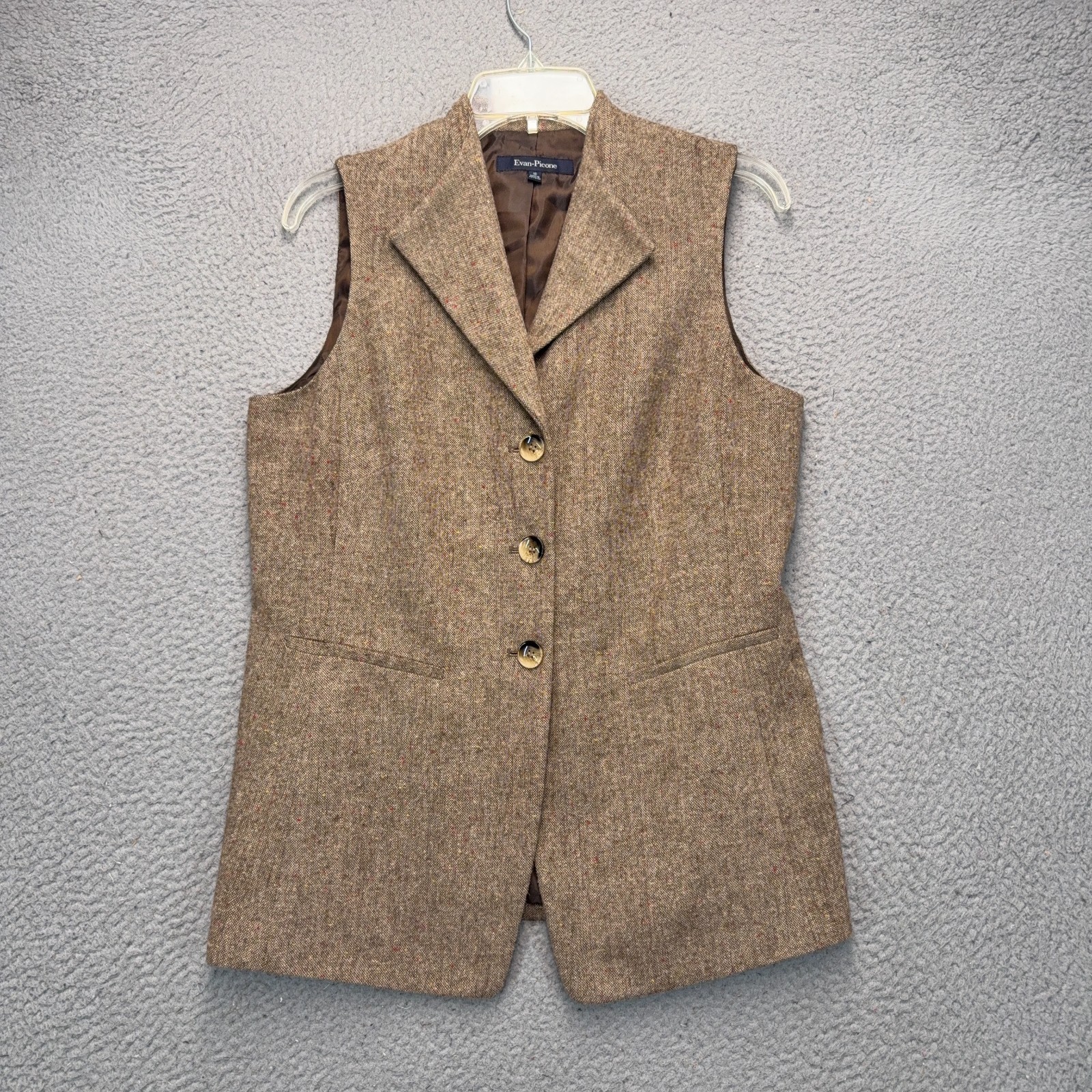 Evan Picone Vest Womens 10 Brown Tweed Lined Button Front Pockets Wool Blend