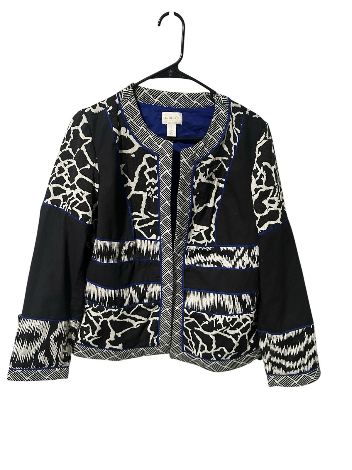 Chico’s Size Medium Black Blue Geometric Blazer Jacket