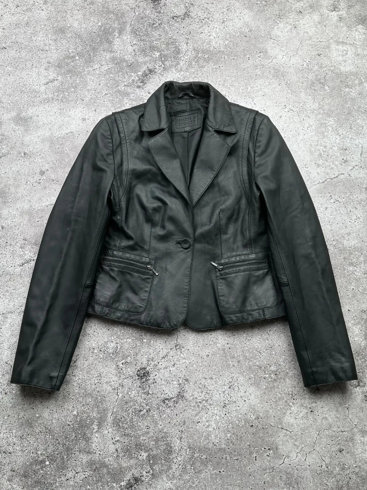 Y2K Black Leather Blazer Jacket Zip Pocket Tailored Coat Women’s Size S