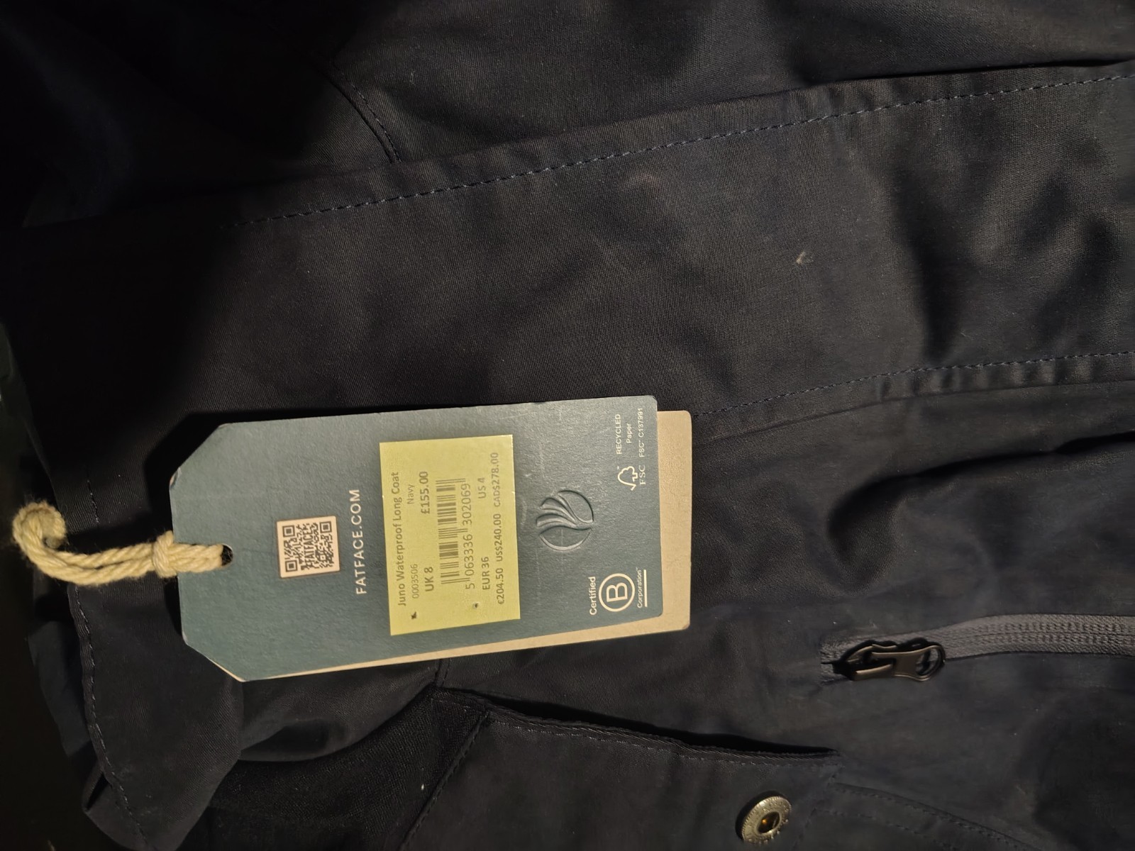 FAT FACE United Kingdom Rain Jacket Womens US 4 UK 8 Blue Zip Hooded Cinch Waist