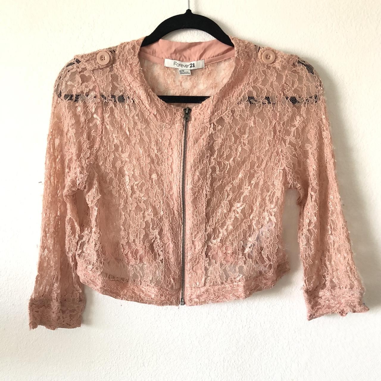 Forever 21 Lace Zip Up Jacket Dusty Pink Sheer Floral M