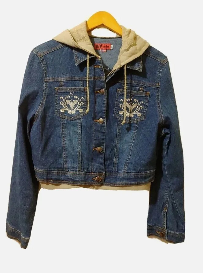 Hip Jeans Jacket Womens Junior XL Denim Hoodie Blue Tan Stretch Embroidered