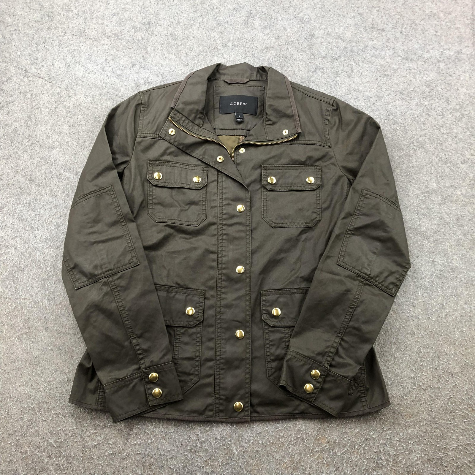 J Crew Jacket Womens Small Olive Green Utility Field Coat Gold Snaps Pockets