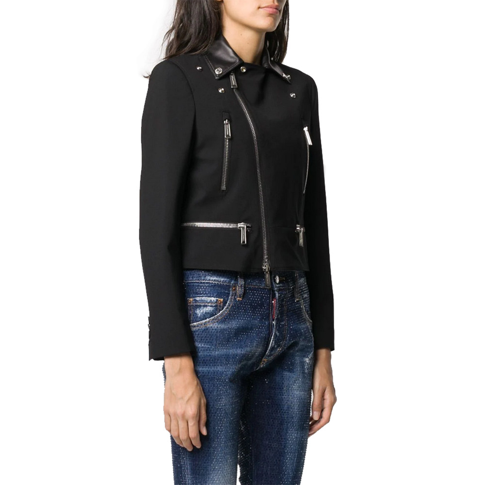 DSQUARED2 Jacket Leather Biker Wool Zip Detail Jacket Black Size 42 RP £1395.00