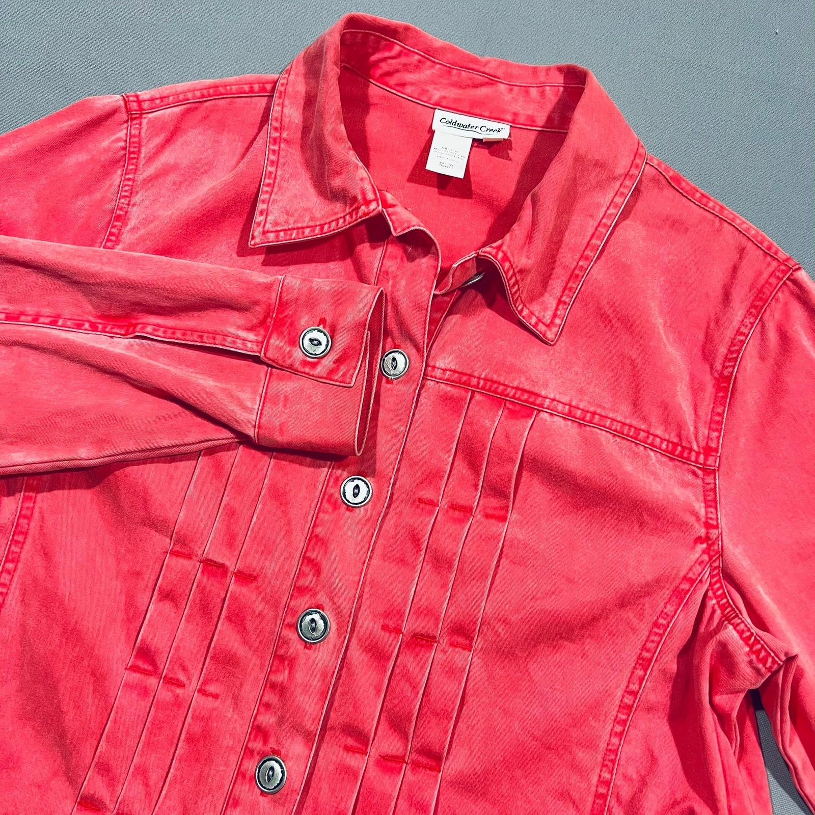 Coldwater Creek Denim Jacket Pleated Front Button Up Coral Pink Women Size M