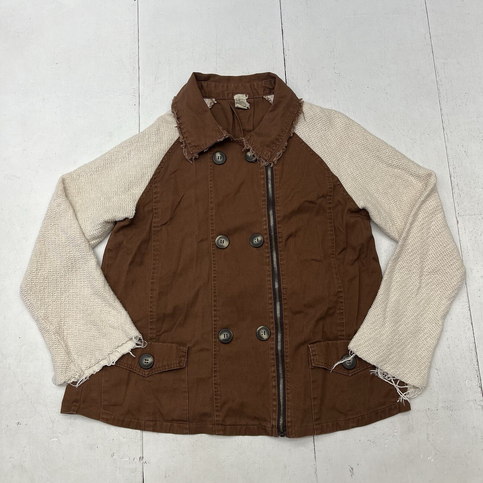 Gimmicks Brown Canvas Raw Edge Zip Up Jacket Cream Knit Raglan Sleeves Women’s M