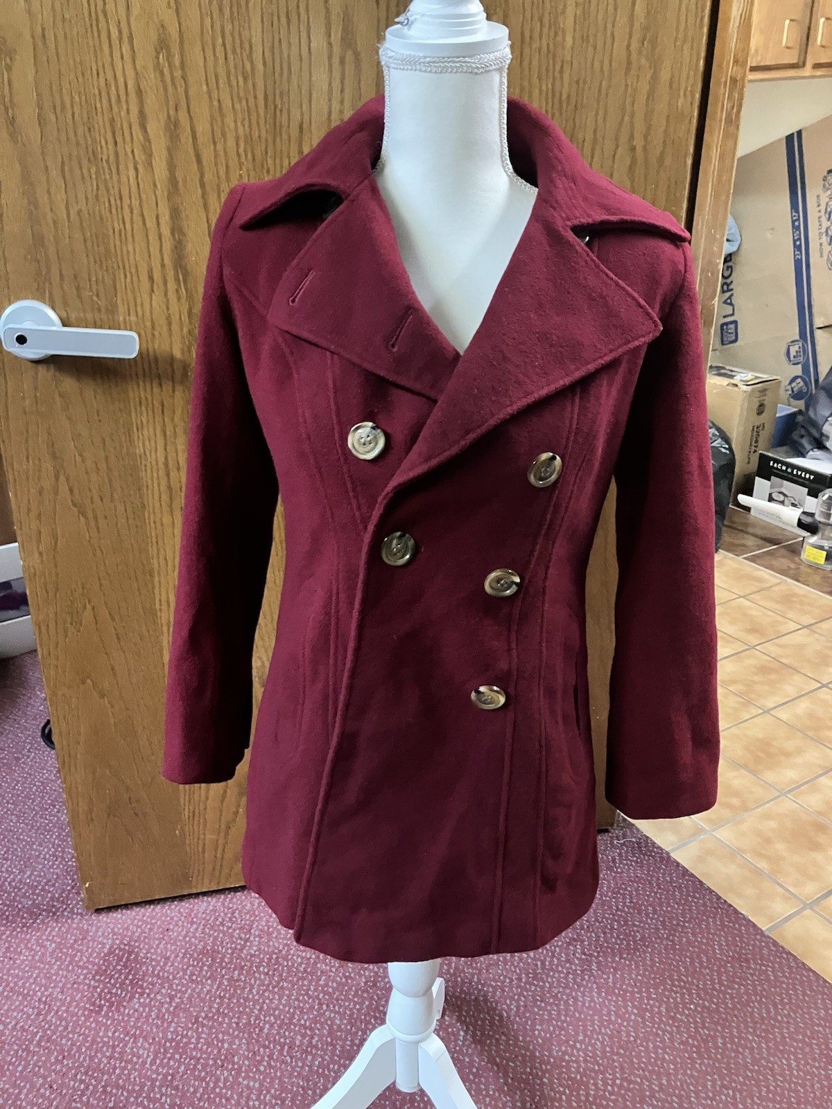 GC Collection By Gallery Petite Small Pea Coat Wool Blend Maroon
