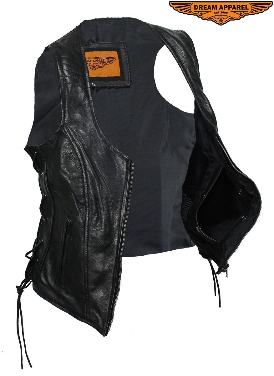 Premium Black Women’s Cowhide Leather Motorcycle Concealed Side Laces Biker Vest