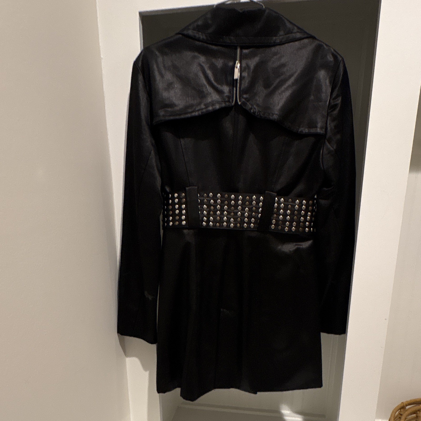 bebe Women’s L Black Soft Zip Studded Belted Collared Mid Trench Coat Studded