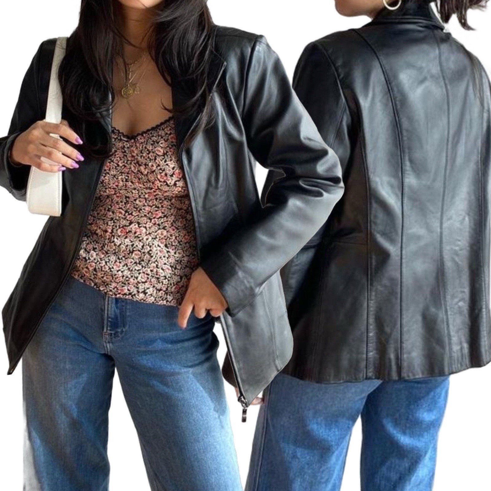 90s Black Leather Jacket Women’s Small Worthington Lambskin Full Zip Vintage