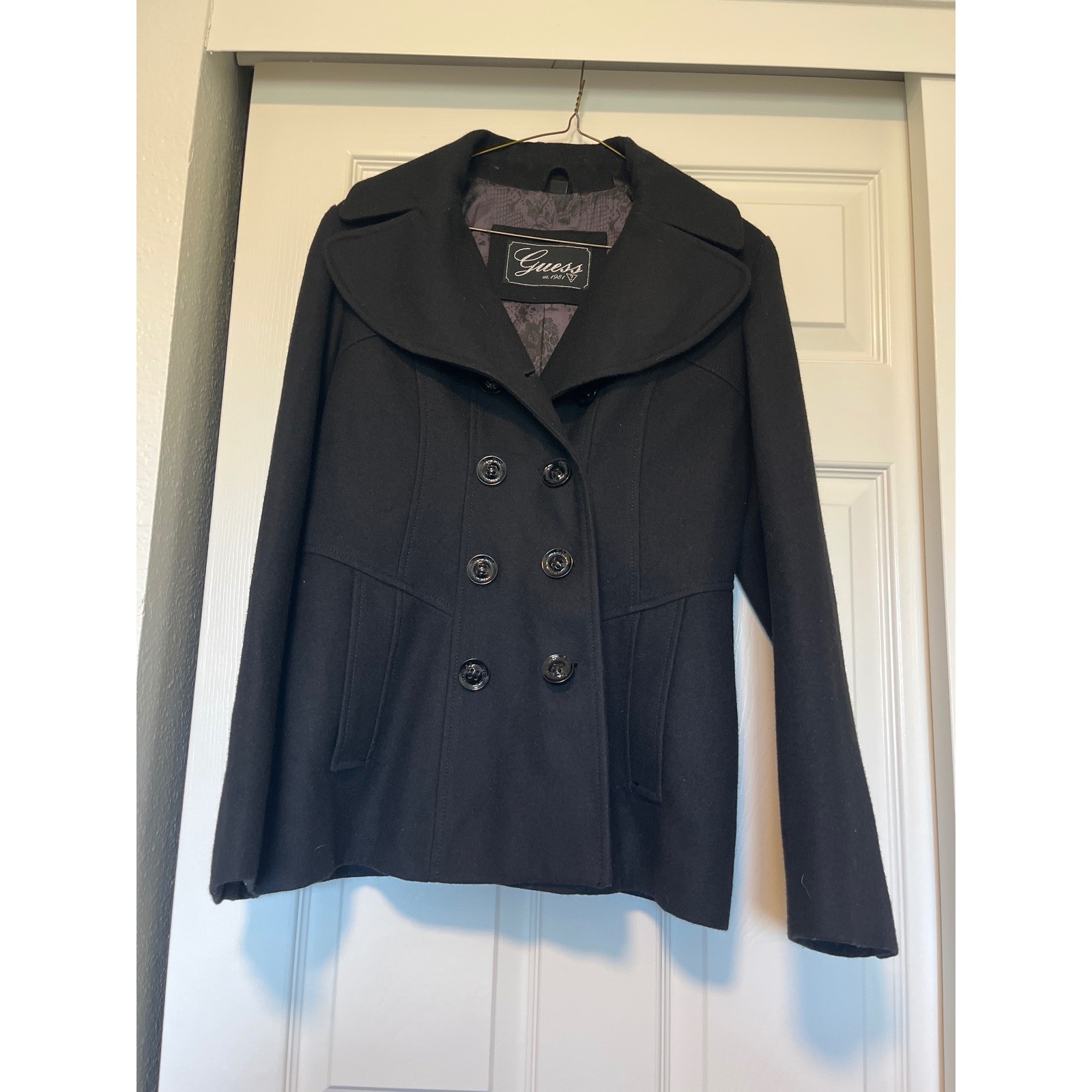 Guess Black Double Breasted Wool Blend Peacoat Jacket Women M