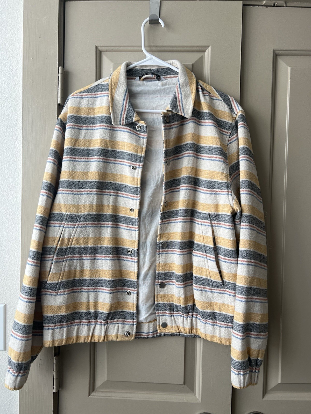 Zara Woman Striped Snap Front Jacket Medium Cotton Blend Mustard Blue Cream