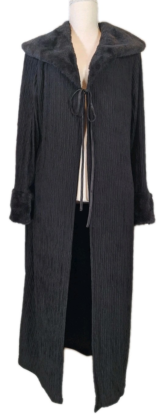 NWOT SHEIN Curve 1XL Textured Tie Front Duster Cover-Up Faux Fur Collar/Cuff Blk