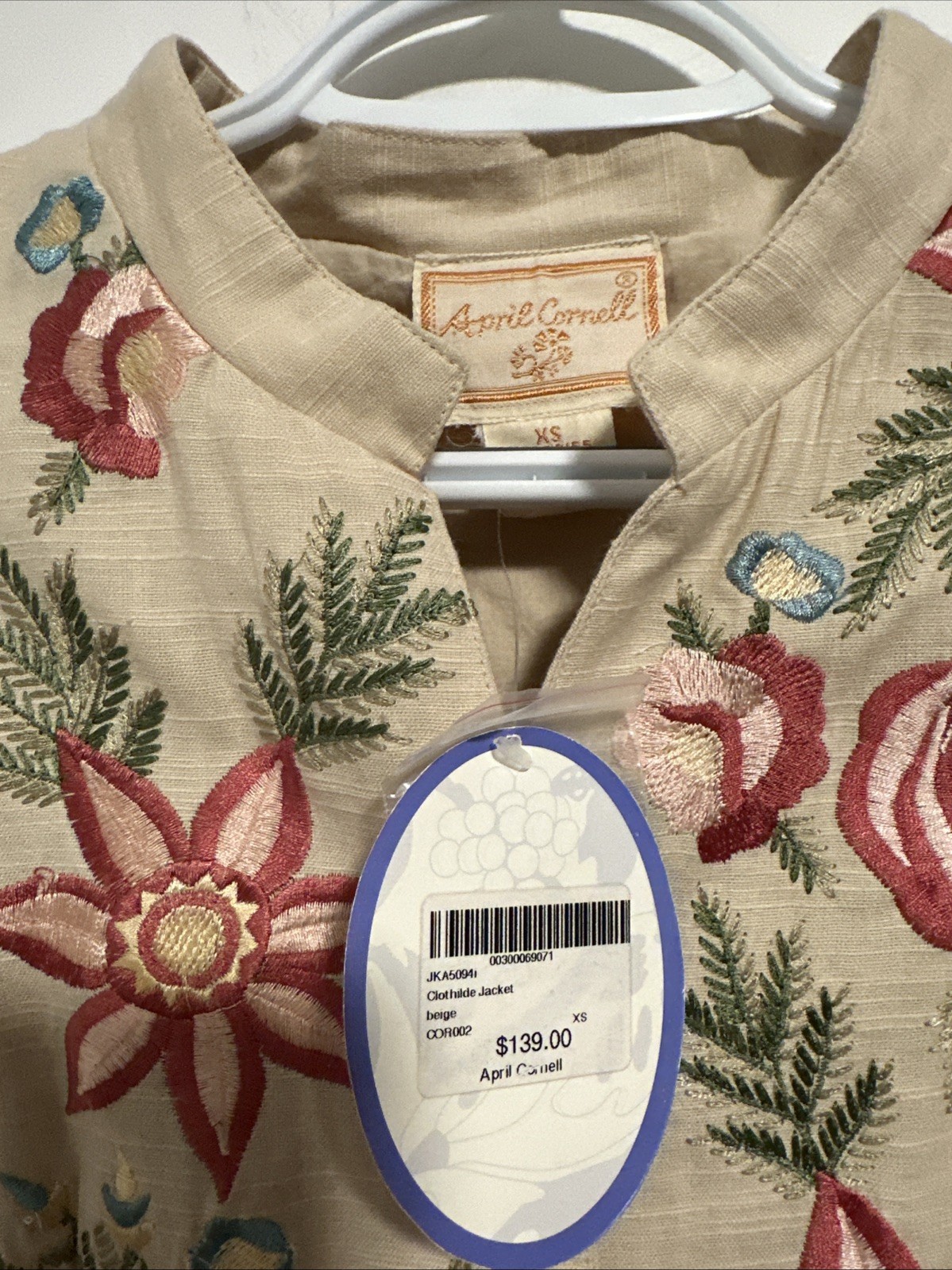 April Cornell Heavy Embroidered Beige Mandarin Collar Jacket Size XS NWT