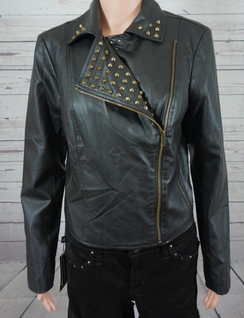 Rock & Republic Jacket Med Black Faux Leather Studded Zip Front