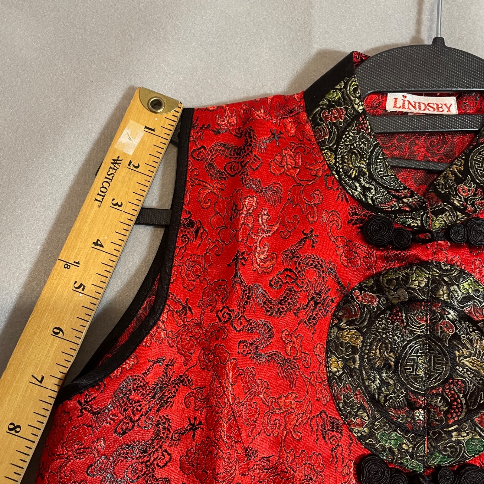 Lindsey Red Silk Brocade Cheongsam Qipao Vest Mandarin Collar Frog Button S