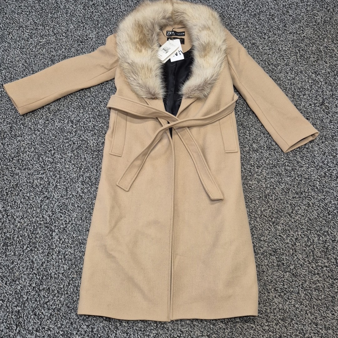 NWT Zara Womens Small Manteco Italian Wool Jacket Coat Fur Collar Beige Brown