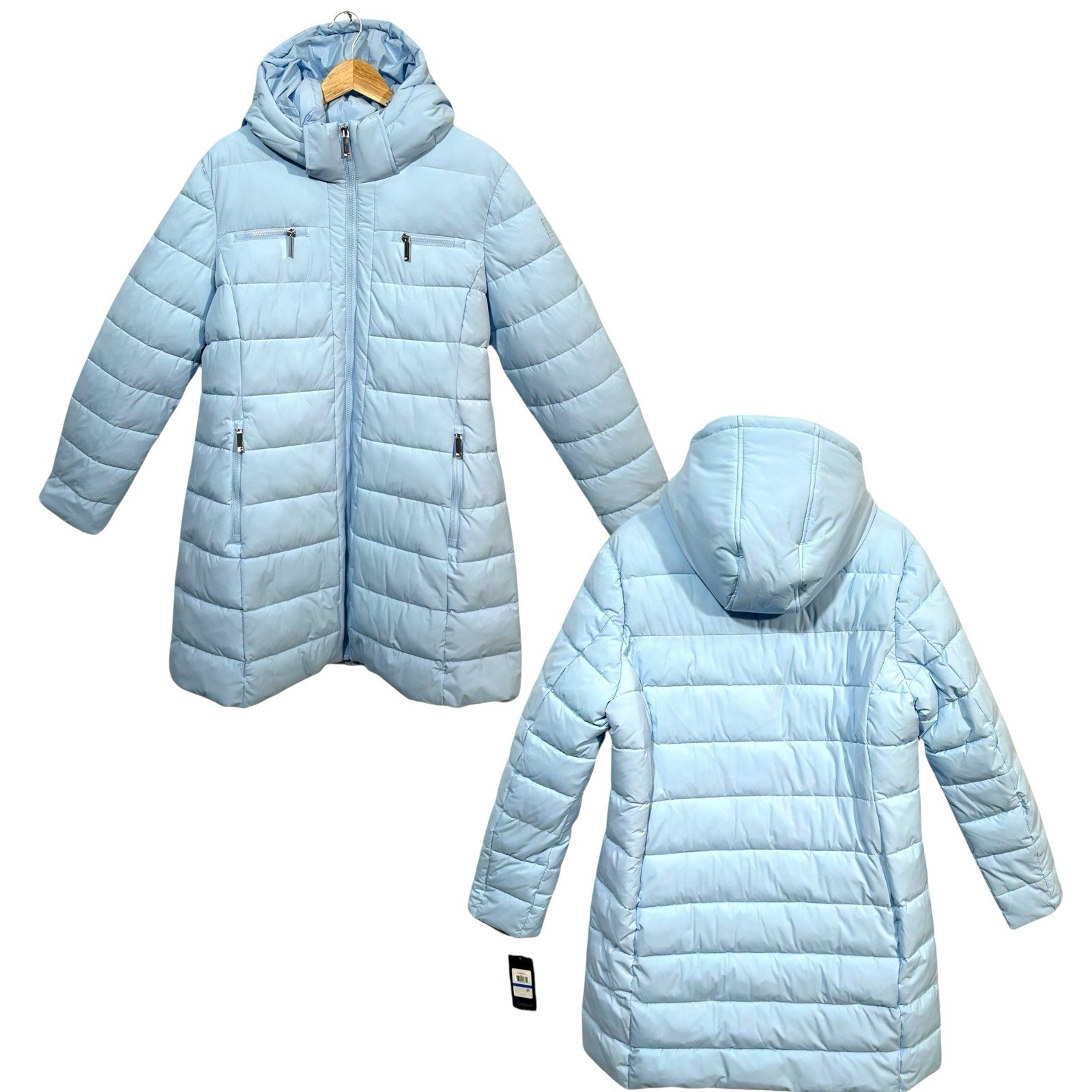 Tommy Hilfiger Womens Long Puffer Jacket Winter Coat XL Light Blue Zip Pockets