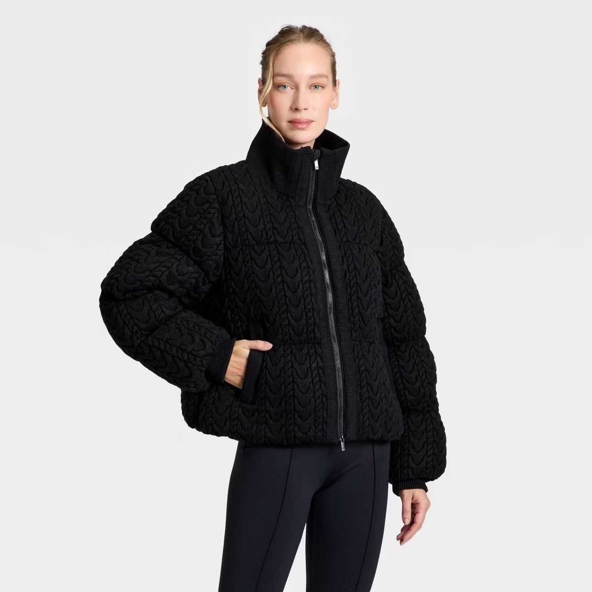 All In Motion Puffer Jacket Womens Large Black Knit Adjustable Hem Full Zipper