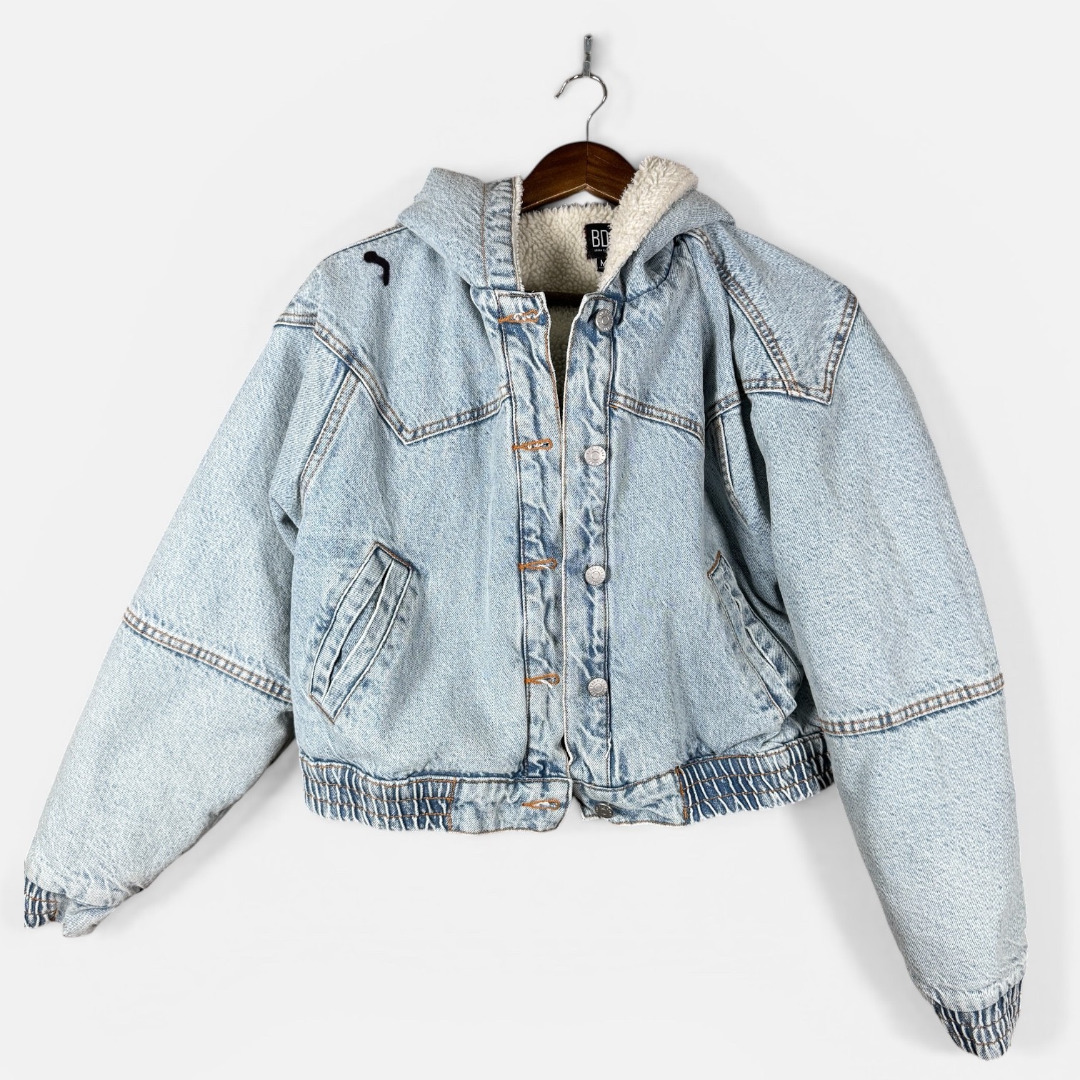 BDG Denim Jacket Womens Medium Blue Sherpa Lined Hooded Elastic Hem Cropped