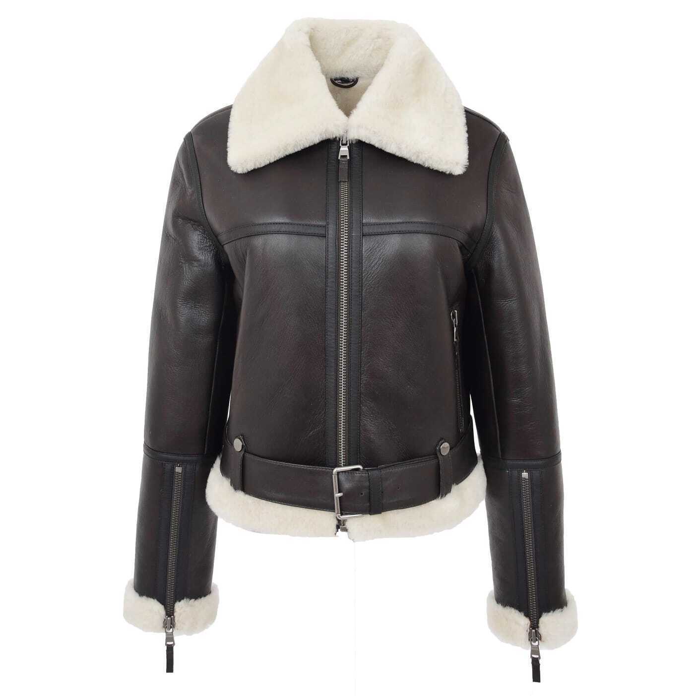 Women’s B3 RAF Bomber Brown Aviator Flying Real Leather Jacket Faux Fur Coat
