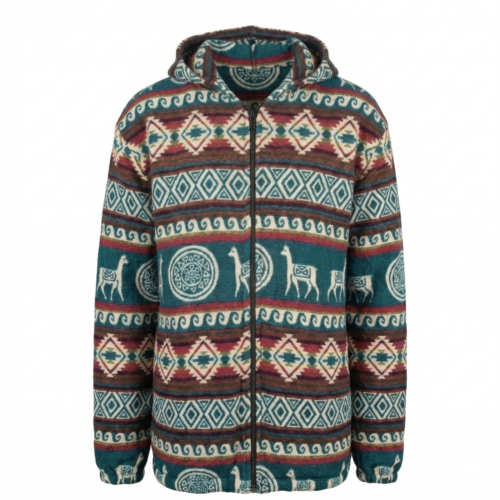 ALPACA WOOL HOODED JACKET XL UNISEX WINTER COAT LLAMA PATTERN ANDES KNIT ECUADOR