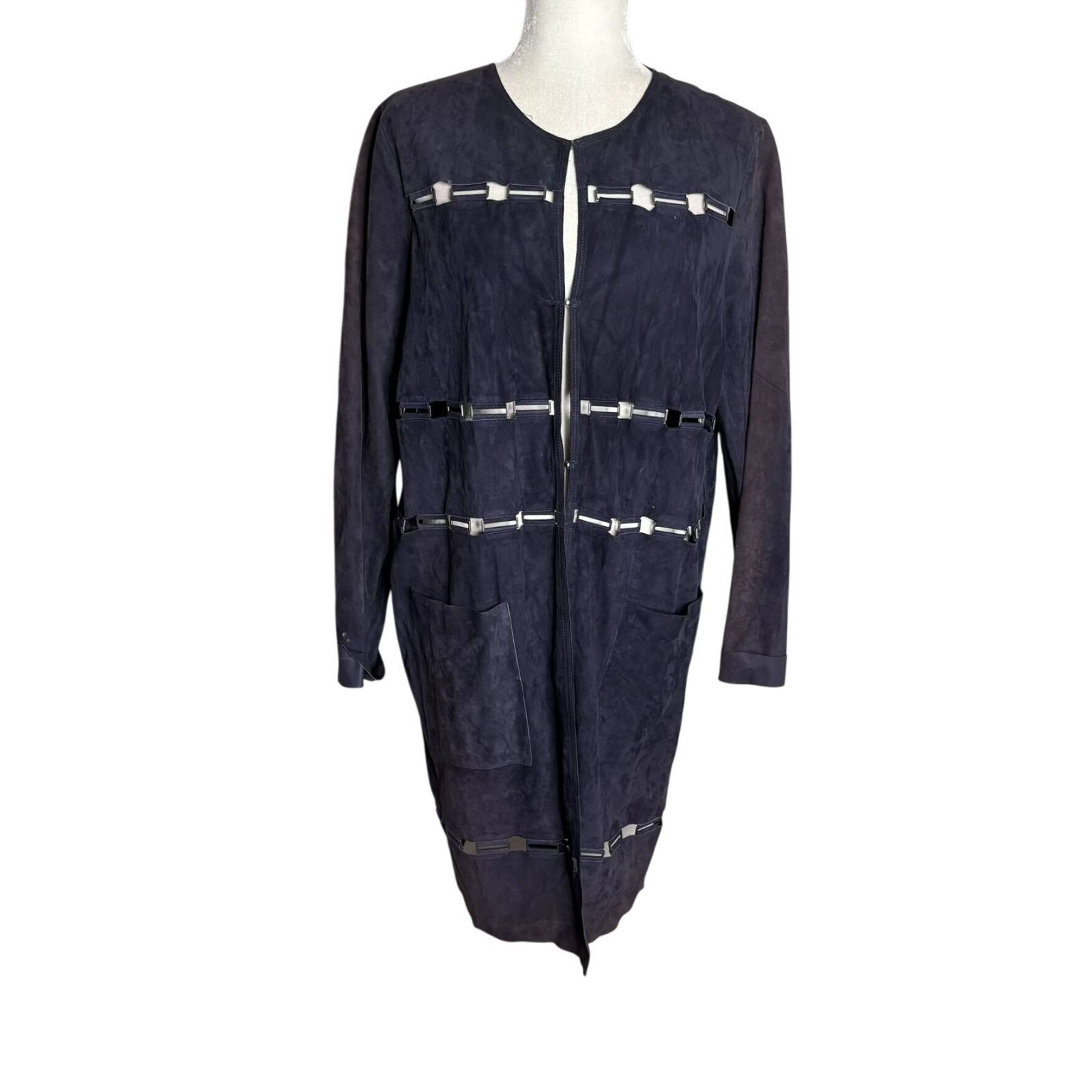 Elie Tahari Lamb Suede Long Duster Large Navy Blue Metal Hooks Lightweight Coat