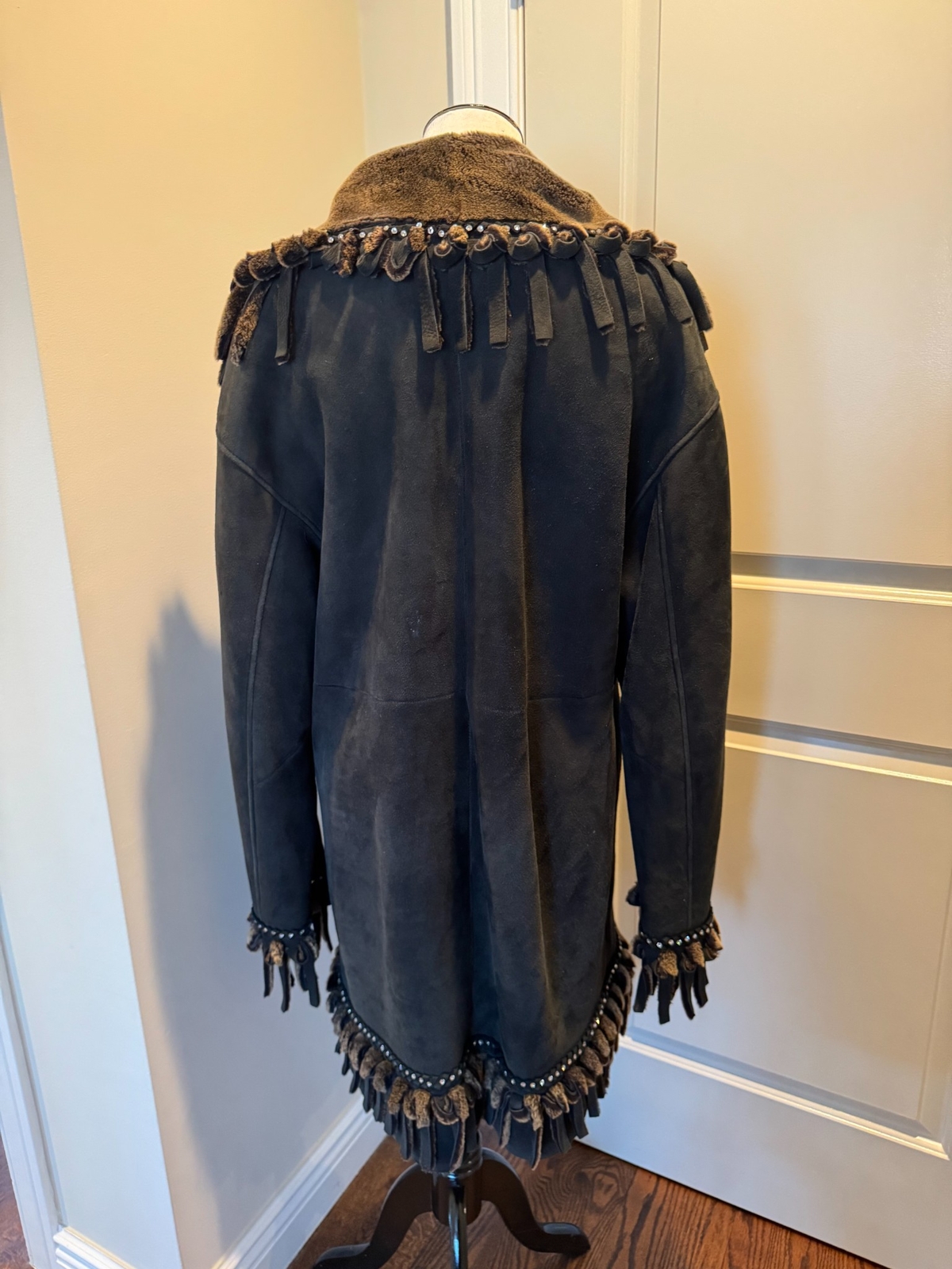 Sinclair Charcoal Gray Suede Shearling Coat Fringes SZ IT 44/US 10 EUC