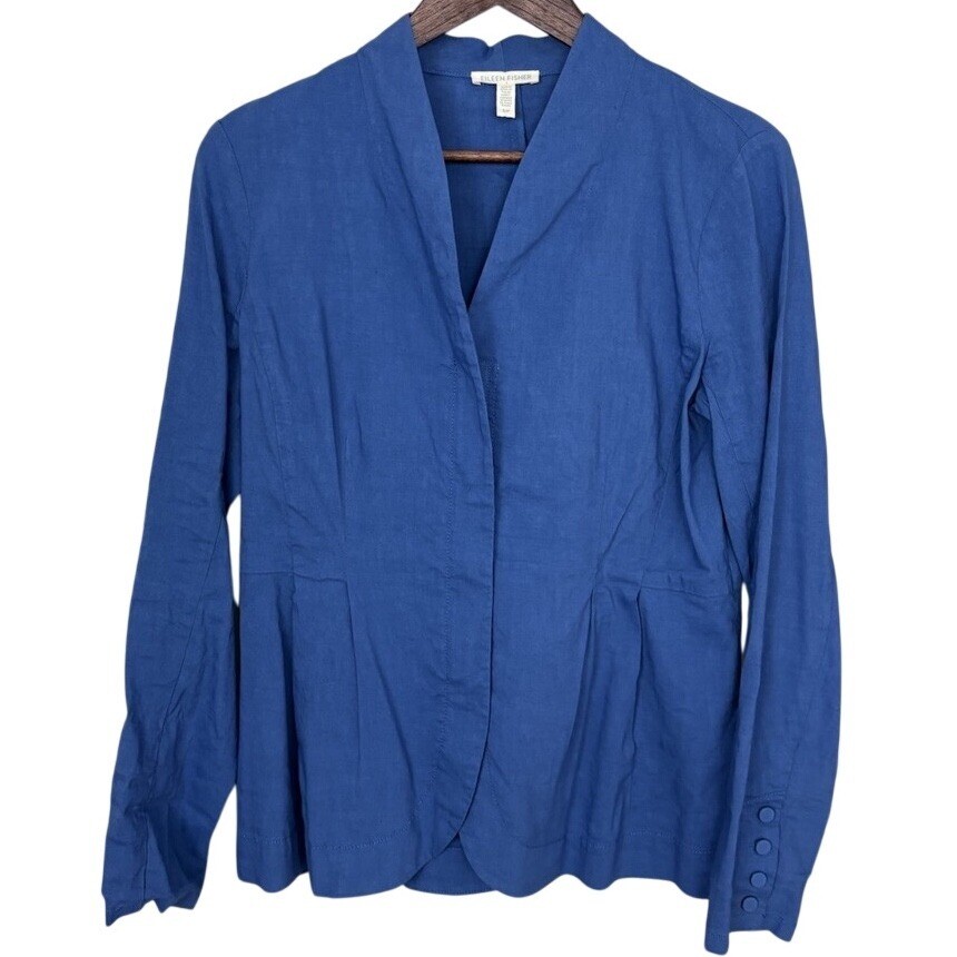 Eileen Fisher High Collar Peplum Linen Blend Zip Light Jacket Small Blue Beach