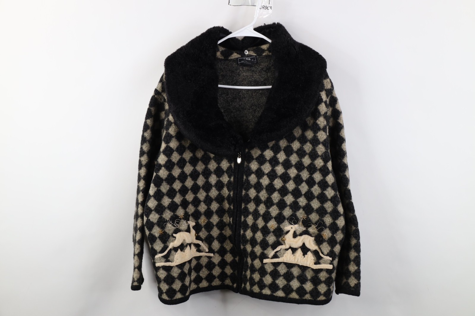 Vtg 90s Women 2XL Wool Christmas Reindeer Argyle Faux Fur Collar Cardigan Jacket