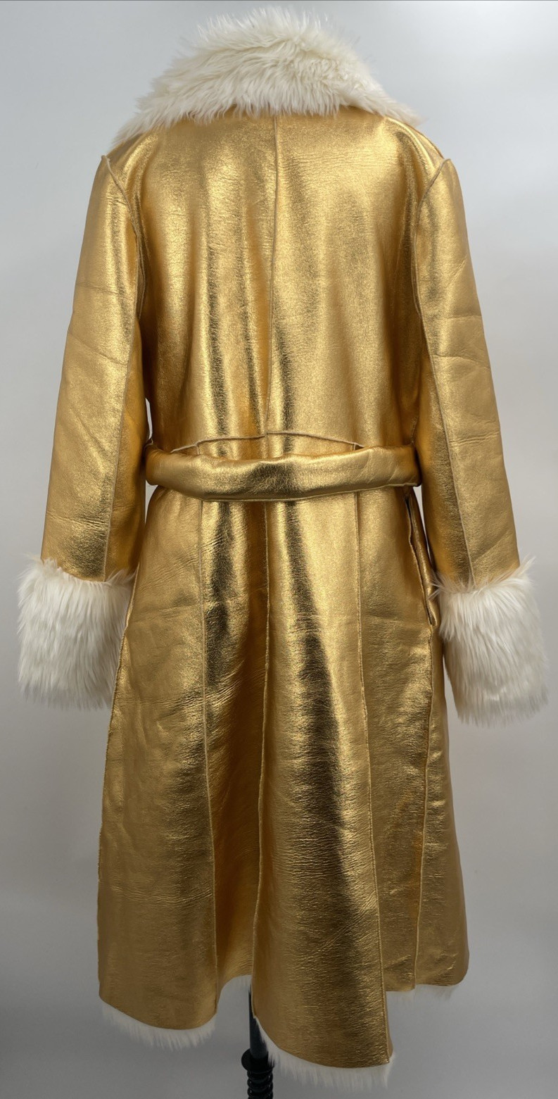 AKIRA Women’s IYKYK Faux Fur Trim Belted Trench Coat Metallic Golden Year Size S