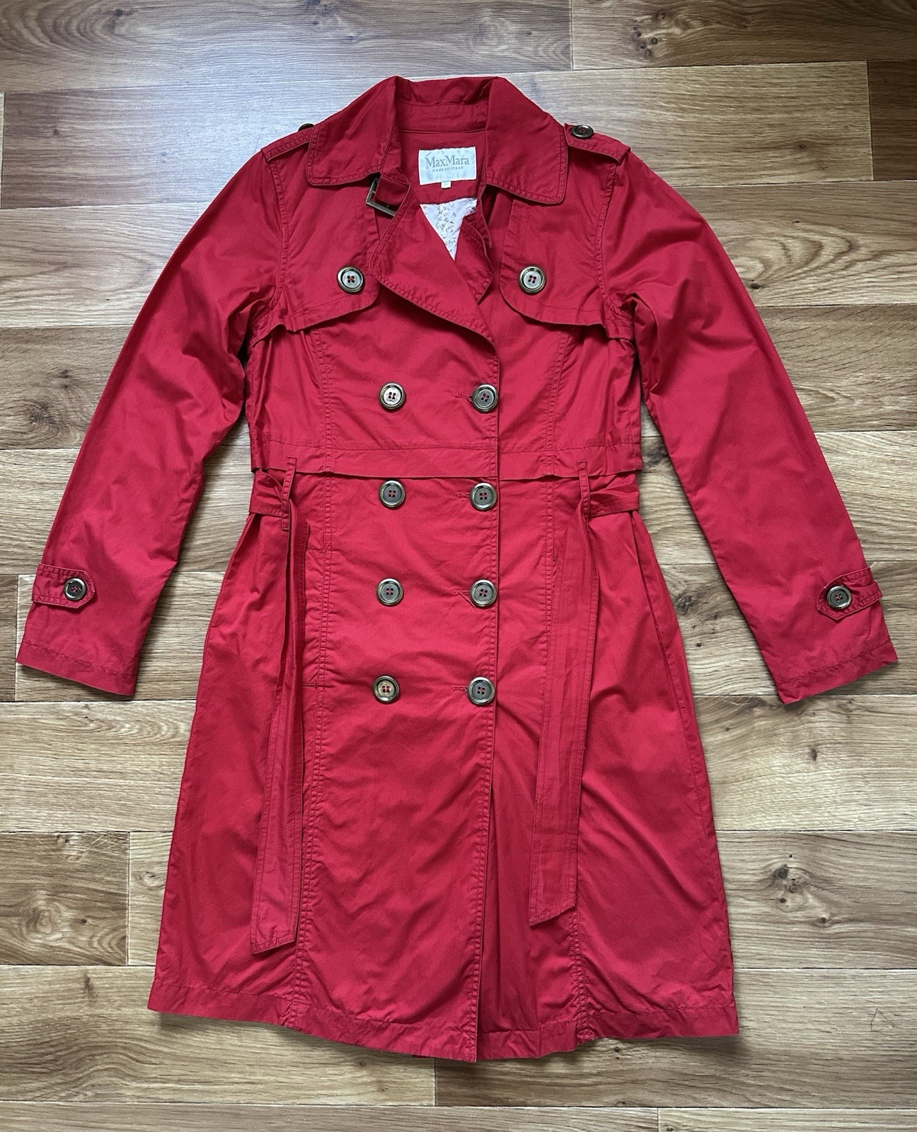 Max Mara Trench Coat S M Red 100% Cotton Floral Lining Double Breasted Belted To
