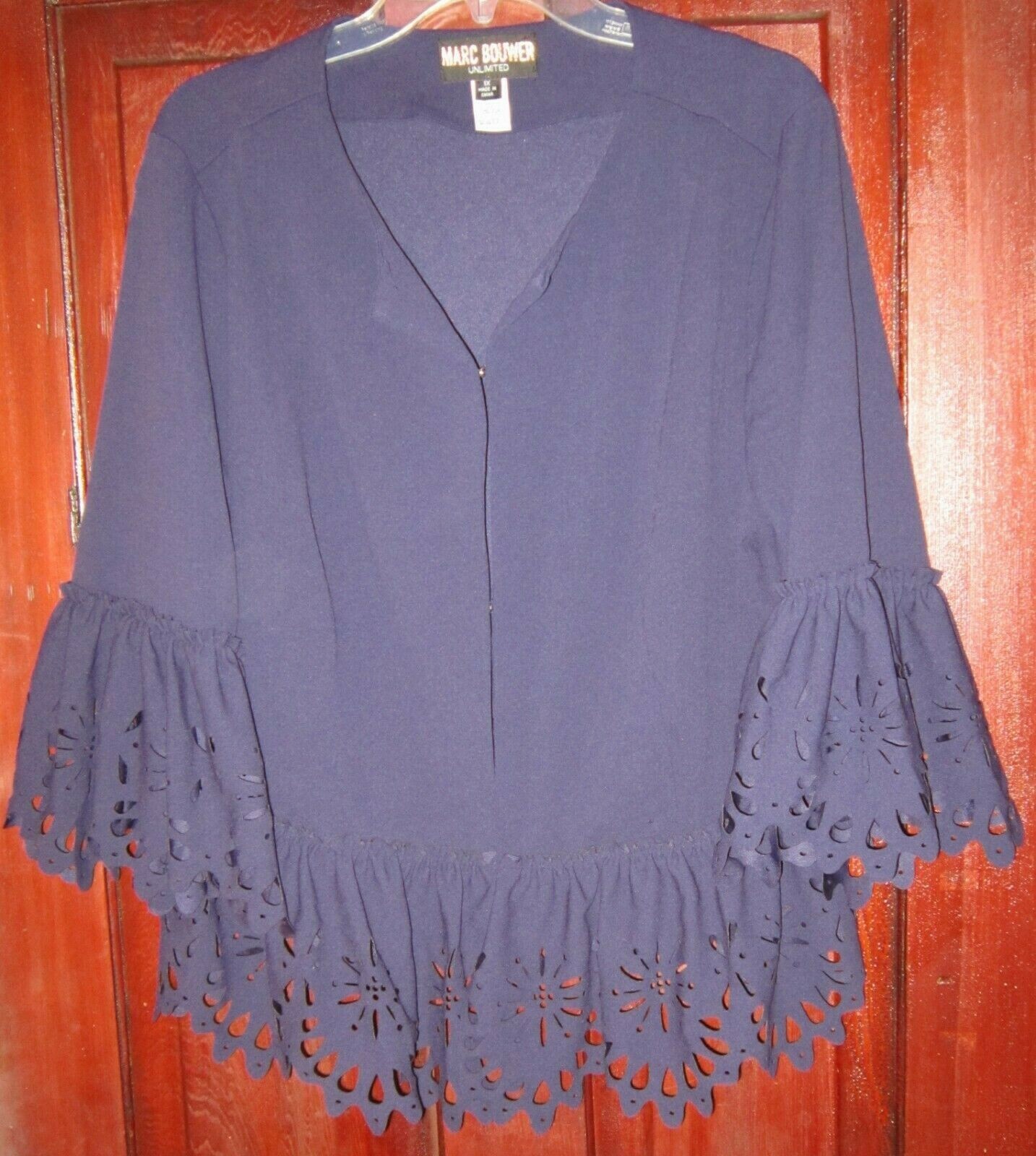 Marc Bouwer Unlimited Plus Sz 1X Stretch Blazer Jacket Navy Ruffle Cutout Floral
